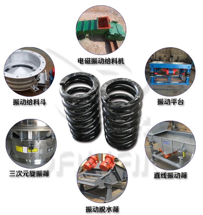 旋振篩減震彈簧適用產(chǎn)品：振動(dòng)給料機(jī)，電磁振動(dòng)給料機(jī)，振動(dòng)平臺(tái)，直線振動(dòng)篩，振動(dòng)脫水篩，三次元旋振篩。