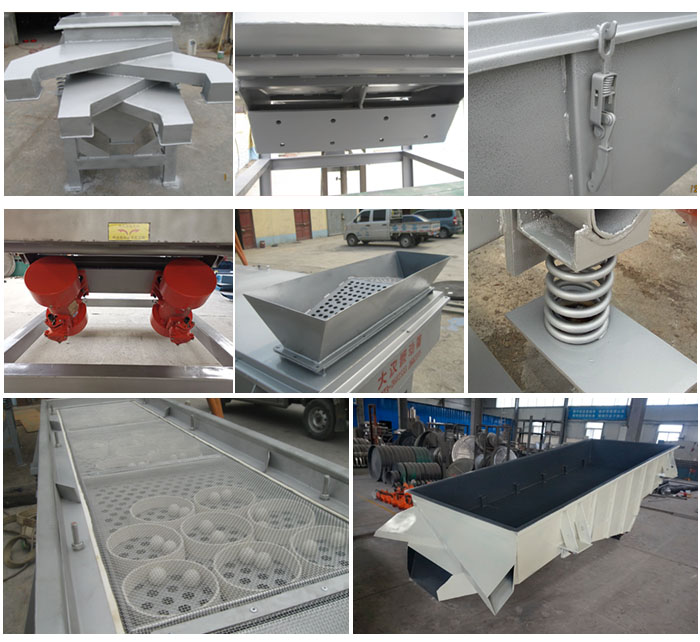 多層直線振動篩由進(jìn)料口,底座,振動電機(jī),篩網(wǎng),篩框,彈簧,出料口等組成。