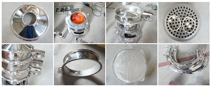 不銹鋼振動(dòng)篩結(jié)構(gòu)展示：防塵蓋，出料口，閘門，篩網(wǎng)于彈跳球，底座，振動(dòng)彈簧等。