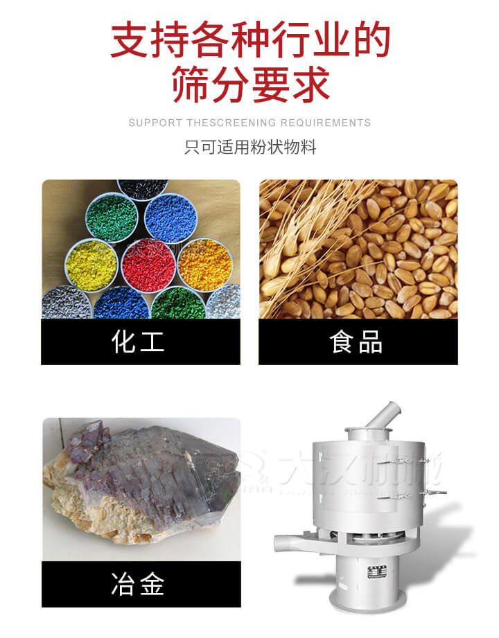 氣流篩用于礦粉，石墨粉，活性納米碳酸鈣，鋁灰，大豆粉，碳酸重鈣，石墨粉，木粉，干草，重金石粉，藥粉末，橡膠顆粒，草酸鹽，干料粉，木粉，聚酯粉，干粉，塑料，金屬粉末，橡膠粉，粉煤灰，石墨粉，陶瓷粉，鋅粉，石英粉，石灰粉，鐵粉，金屬硅粉等。
