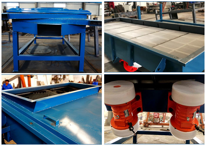 方形振動(dòng)篩出料口，篩網(wǎng)和網(wǎng)架，進(jìn)料口，振動(dòng)電機(jī)等細(xì)節(jié)展示。