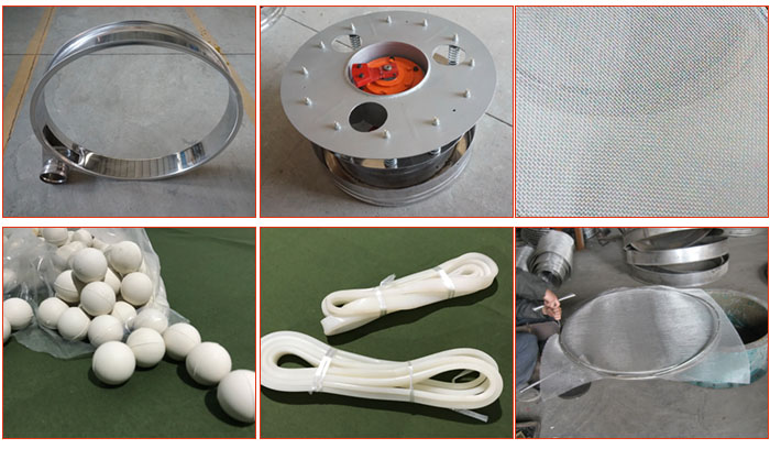 800型全不銹鋼振動篩配件有：振動篩篩框，電機(jī)，不銹鋼篩網(wǎng)等。