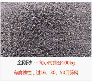 篩分金剛砂每小時100kg，有腐蝕性，過16、30、50目篩網(wǎng)