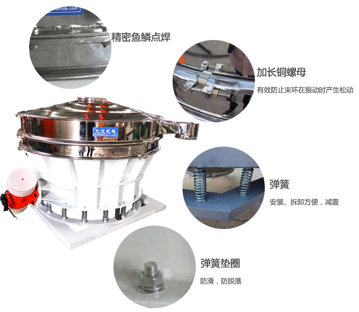 1500直排篩細節(jié)展示：彈簧，彈簧墊圈，加長銅螺母。