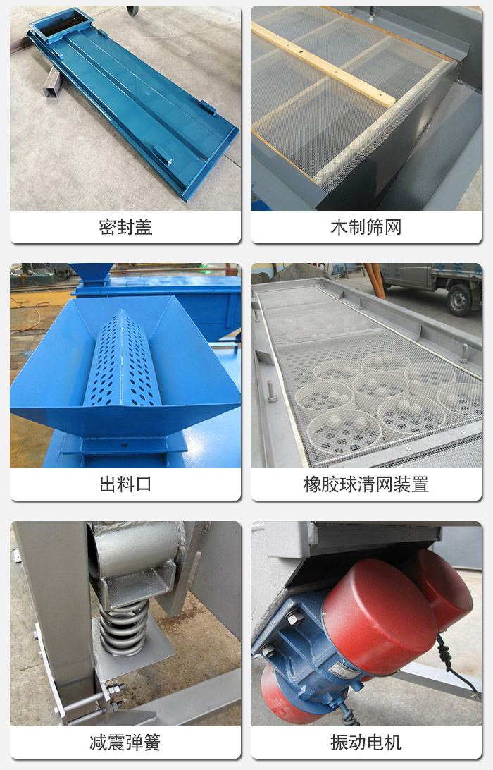 直線篩分機(jī)的結(jié)構(gòu)展示圖：篩箱是物料主要篩分設(shè)備之一，篩網(wǎng)用于篩分物料，振動(dòng)電機(jī)幫助篩網(wǎng)篩分。