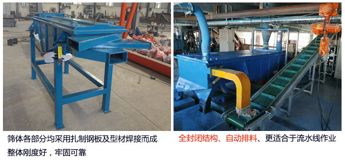 直線篩分機(jī)篩體各部分均采用扎制鋼板及型材焊接而成整體剛度好，牢固可靠；全封閉結(jié)構(gòu)、自動(dòng)排料、更適合于流水線作業(yè)。