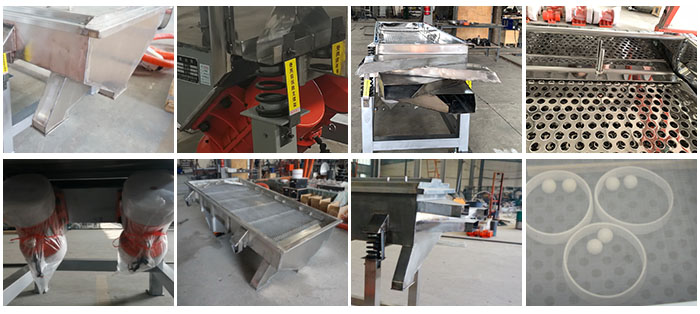 不銹鋼直線篩不同定制出料口，電機(jī)，篩網(wǎng)，篩箱，彈跳球等部件細(xì)節(jié)展示