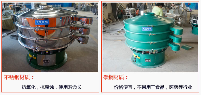 800型振動篩有不銹鋼和碳鋼兩種材質，不銹鋼材質：抗氧化，抗腐蝕，使用壽命長 碳鋼材質：價格便宜，不易篩分食品，化工，醫(yī)藥等行業(yè)的物料。