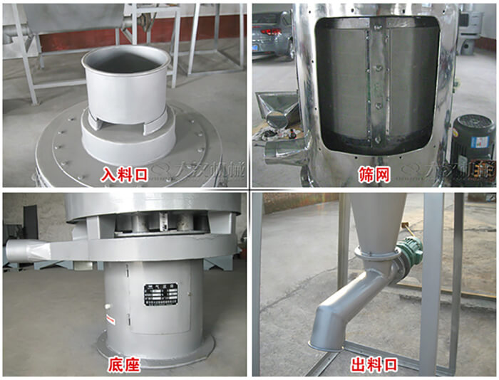 氣流篩部件展示：入料口，篩網(wǎng)，底座，出料口等。