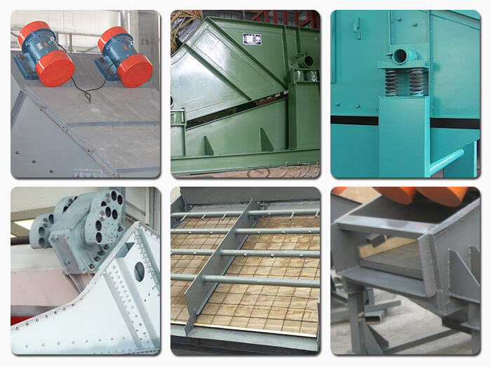 礦用振動(dòng)篩主要由激振器、篩體、篩網(wǎng)、減振裝置及座架等組成。篩箱由篩框、篩板、襯板等組成