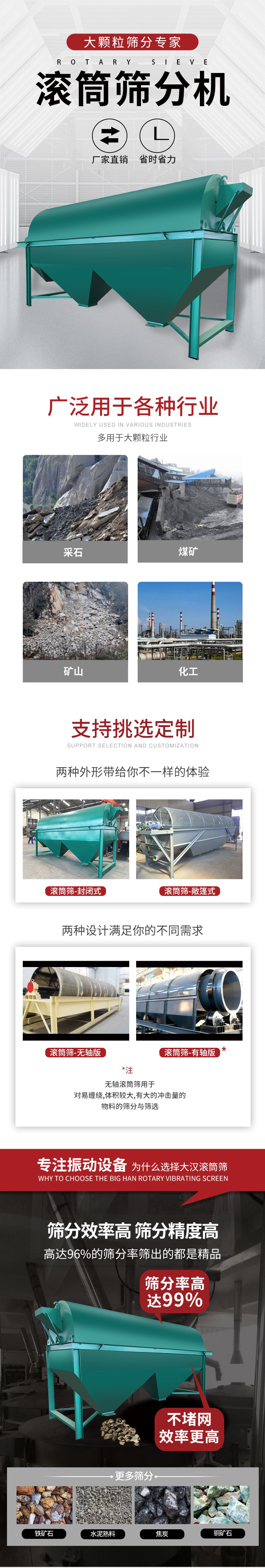 滾筒篩分機大顆粒篩分專家：廠家直銷，省時省力。滾筒篩被廣泛應用各種行業(yè)：多用于大顆粒行業(yè)例如：采石，煤礦，礦山，化工等。滾筒篩定制類型有哪些：封閉式與敞篷式產品結構分為：無軸式，有軸式兩種，無軸滾筒篩用于對纏繞，體積較大，有大的沖擊量的物料的篩分與篩選。滾筒篩篩分效率高篩分精度能夠達到：96%也比較適用于鐵礦石，水泥熟料，焦炭，銅礦石。滾筒篩特點：不飛粉末：密封隔離罩，密封性好，工作過程不會出現飛粉現象。外型尺寸是按筒體長計