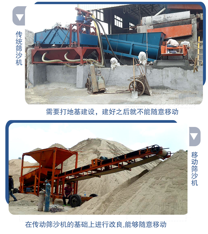 移動(dòng)的篩沙機(jī)在安裝前需要打地基，而固定完畢后就不能隨意的移動(dòng)，而移動(dòng)篩沙機(jī)不需要打地并且隨時(shí)能夠進(jìn)行移動(dòng)。