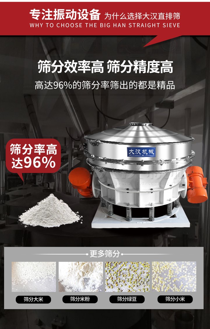 直排篩適用物料有面粉，淀粉，洗衣粉，金屬粉，添加劑，化工，非礦等行業(yè)。