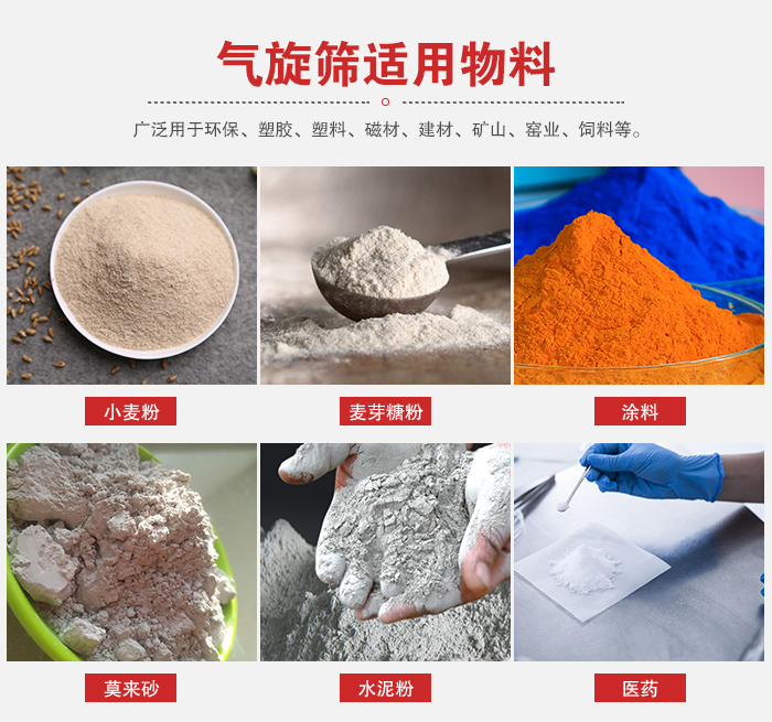 氣旋篩適用物料：小麥粉，麥芽糖粉，涂料，等粉狀物料。