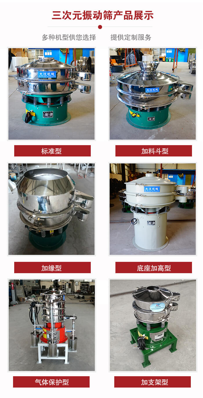 三次元振動(dòng)篩不同結(jié)構(gòu)展示：標(biāo)準(zhǔn)型，加料斗型，加緣型，底座加高型，氣體保護(hù)型，加支架型。