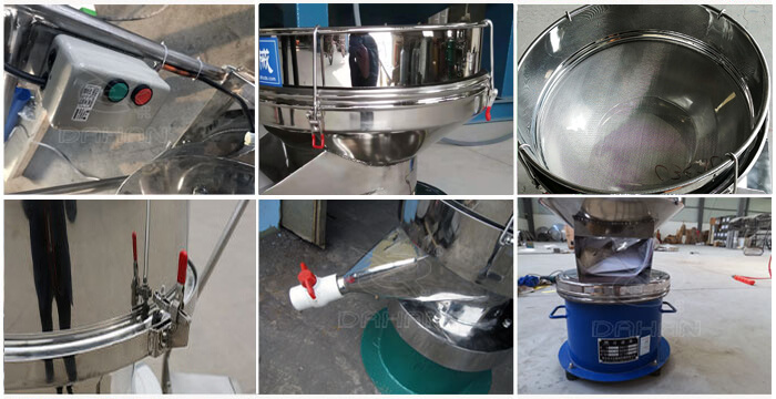 過(guò)濾篩細(xì)節(jié)展示：控制開(kāi)關(guān)，篩框，出料口閥門(mén)，底座等